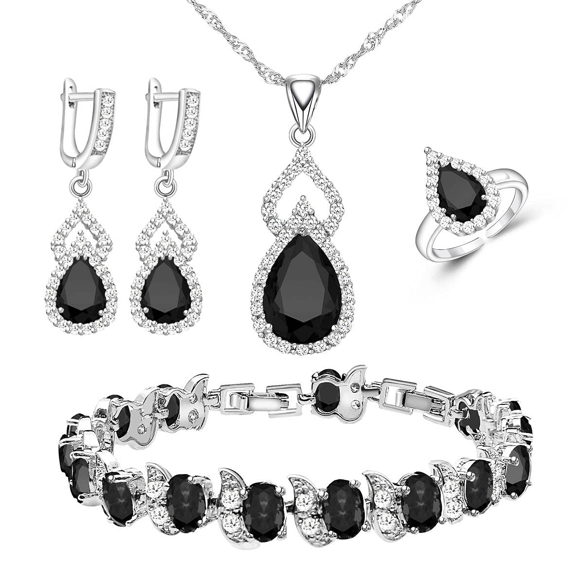 LMXXVJ Women Jewelry Set - Silver Tone Black Stone Necklace Open Ring Earrings Tennis Bracelet Set,Wedding Birthday/Anniversary Mother’s Day Birthstone Jewelry