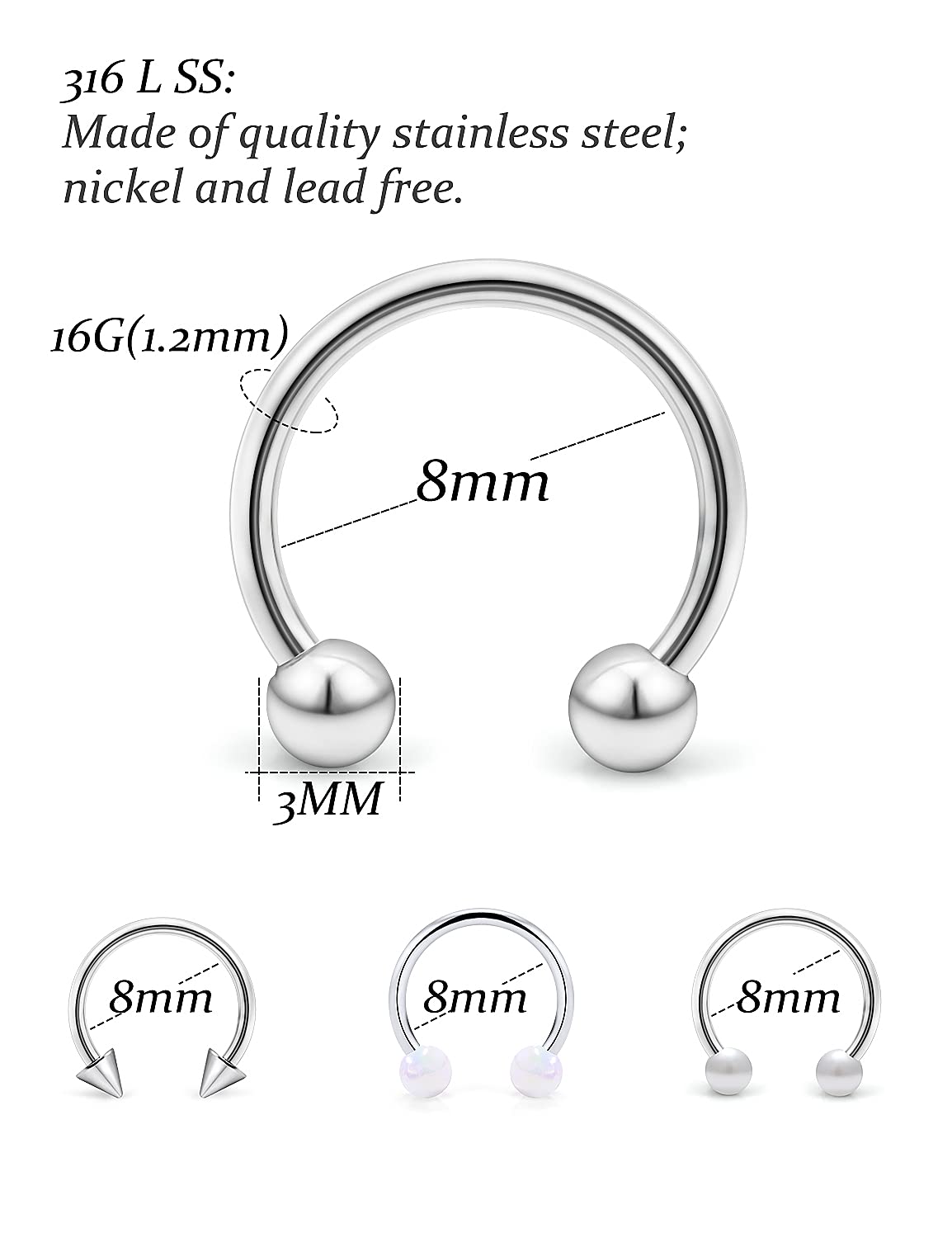 Vsnnsns 16G Surgical Steel Horseshoe Nose Septum Rings Piercing Jewelry Cartilage Helix Tragus Earring Studs Hoop Lip Horseshoe Ring Piercing Jewelry Retainer for Women Men 8mm 48pcs