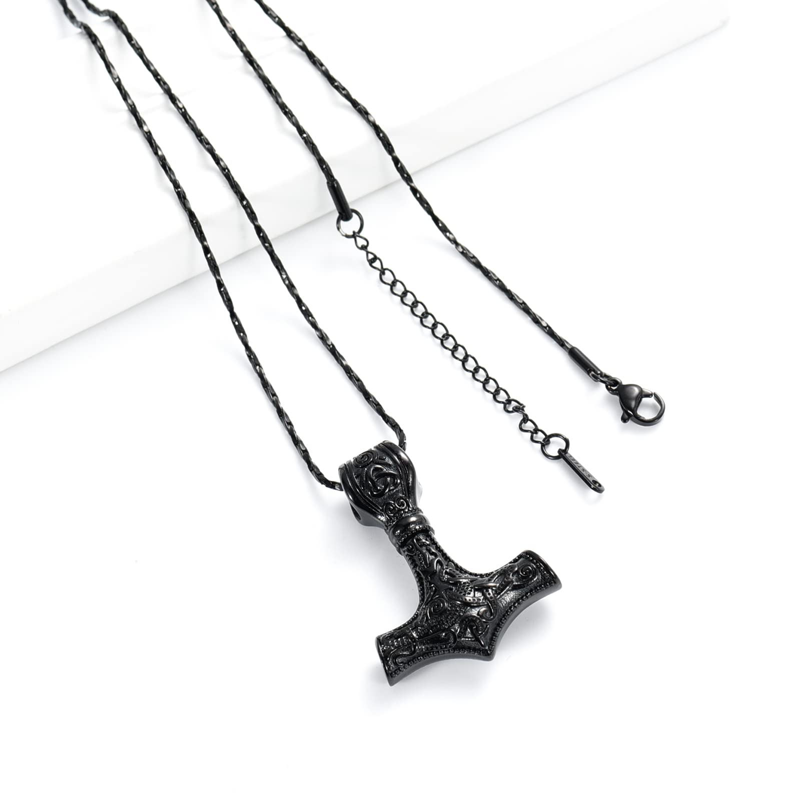 Nordic Viking Mjolnir Thor Hammer Cremation Jewelry for Ashes for Women Men Stainless Steel Celtic Knot Urn Necklace Pendant for Ashes Holder Keepsake Memorial Jewelry (Black Hammer)