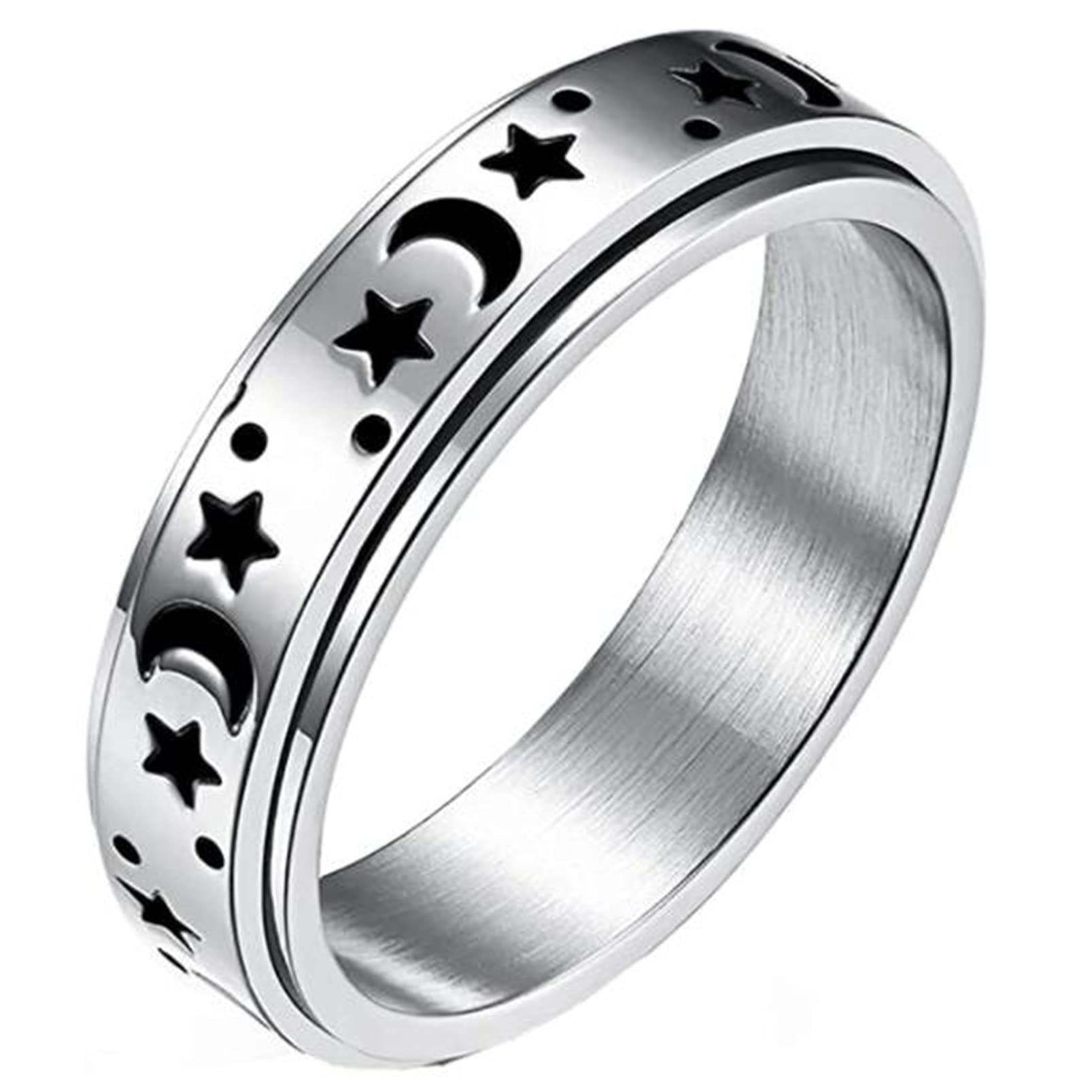 DAIHUI Star and Moon Finger Ring Creative Engraved Moon Star Rotating Finger Ring for Women Men (Size 12)