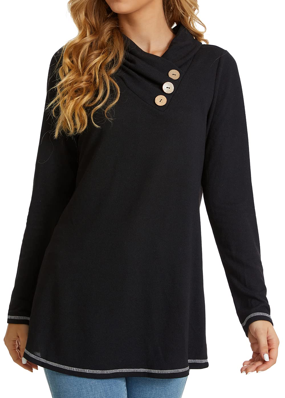 WEIYAN Women's Cowl Neck Tunic Long Sleeve Pullover Shirt Casual Sweatshirt Loose Tops with Buttons(Black,X-Large)