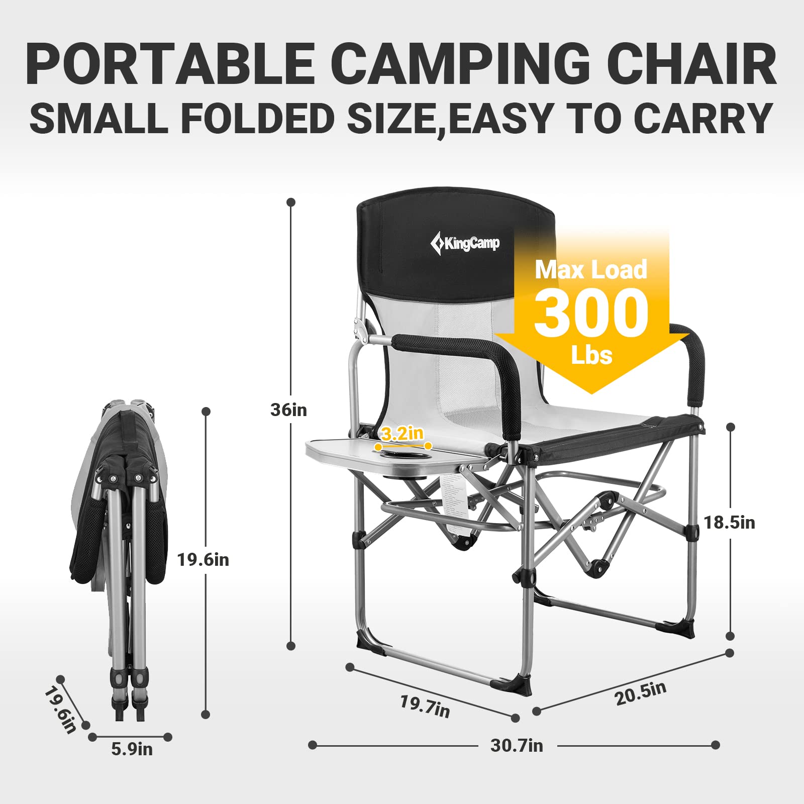 KingCamp Portable Director Camping Folding Chair Hard Arm with Handle and Side Table Support 300 lbs Perfect for Beach Sunbathing Backyard Outdoor Use, One Size, Black/Mediumgrey-2 Pack