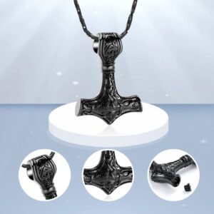 Nordic Viking Mjolnir Thor Hammer Cremation Jewelry for Ashes for Women Men Stainless Steel Celtic Knot Urn Necklace Pendant for Ashes Holder Keepsake Memorial Jewelry (Black Hammer)