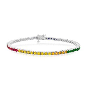 .925 Sterling Silver Lab Grown Sapphire Multicolored Rainbow Tennis Bracelet