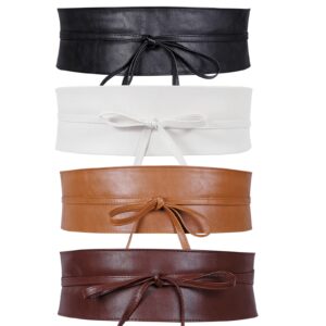 4 pack werforu women obi belt pu leather self tie wrap wide waistband boho belt for costumes, black+white+brown+coffee, suit for waist size 33"-38"