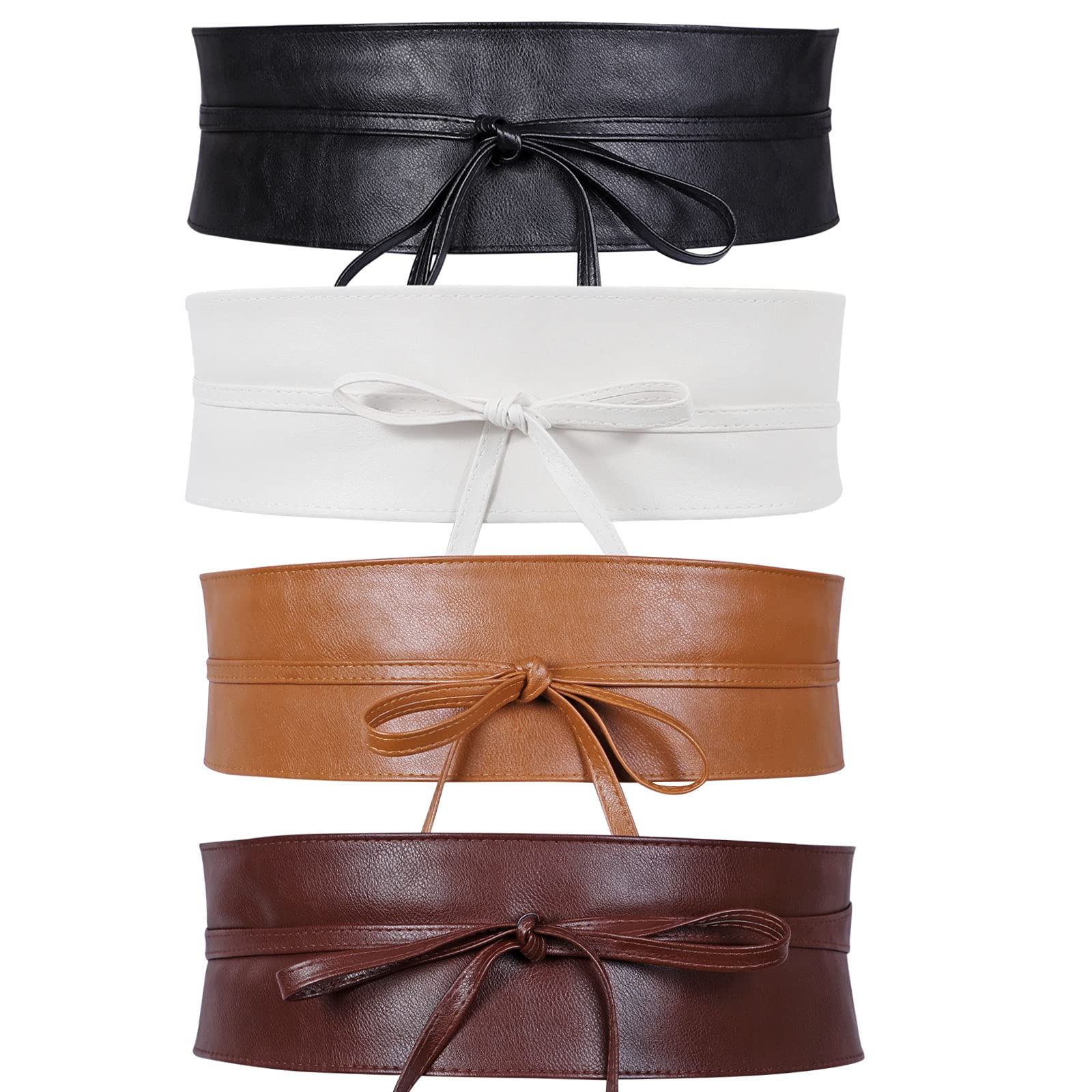 4 Pack WERFORU Women Obi Belt PU Leather Self Tie Wrap Wide Waistband Boho Belt for Costumes, Black+White+Brown+Coffee, Suit for Waist Size 33"-38"