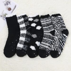 Cosy Encounter Womens Fuzzy Slipper Socks Winter Warm Anti Slip Socks Comfy Thick Thermal Socks Casual Home 5 Pairs White Black One Size, WDCEBS4072SXG5PSN