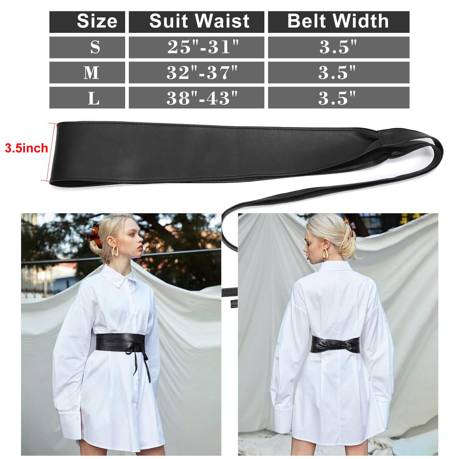 4 Pack WERFORU Women Obi Belt PU Leather Self Tie Wrap Wide Waistband Boho Belt for Costumes, Black+White+Brown+Coffee, Suit for Waist Size 33"-38"