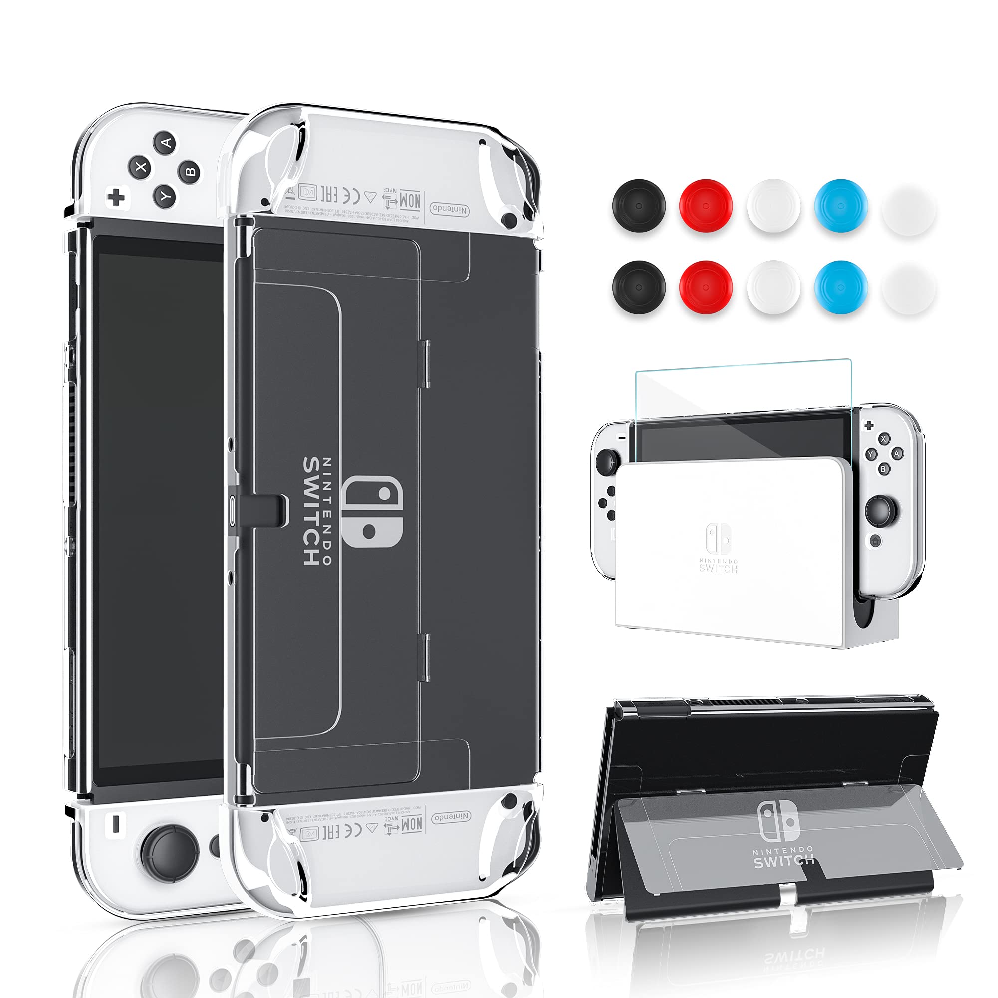 Protective Case for Nintendo Switch OLED Model 2021, FANPL Dockable Case Cover with Flip Shell for Switch OLED, Crystal Case Accessories with 1 Screen Protector and 10 Thumb Grip Caps (Clear)