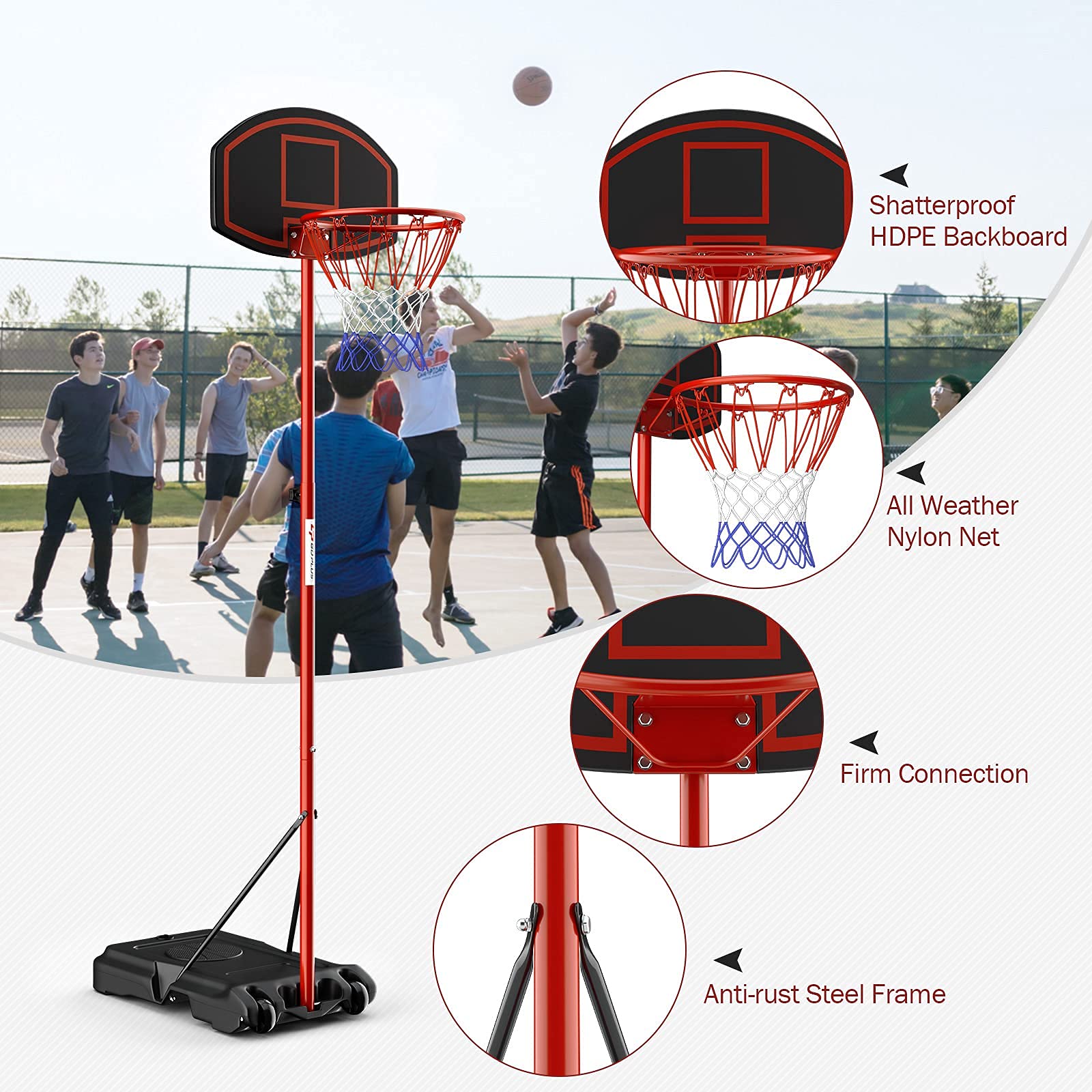 Goplus Portable Basketball Hoop, Height Adjustable Basketball Goal System [6.5FT-8.5FT] w/Shatterproof Backboard, Fillable Base & Wheels, Basketball Stand for Adult Kids, Indoor Outdoor Use