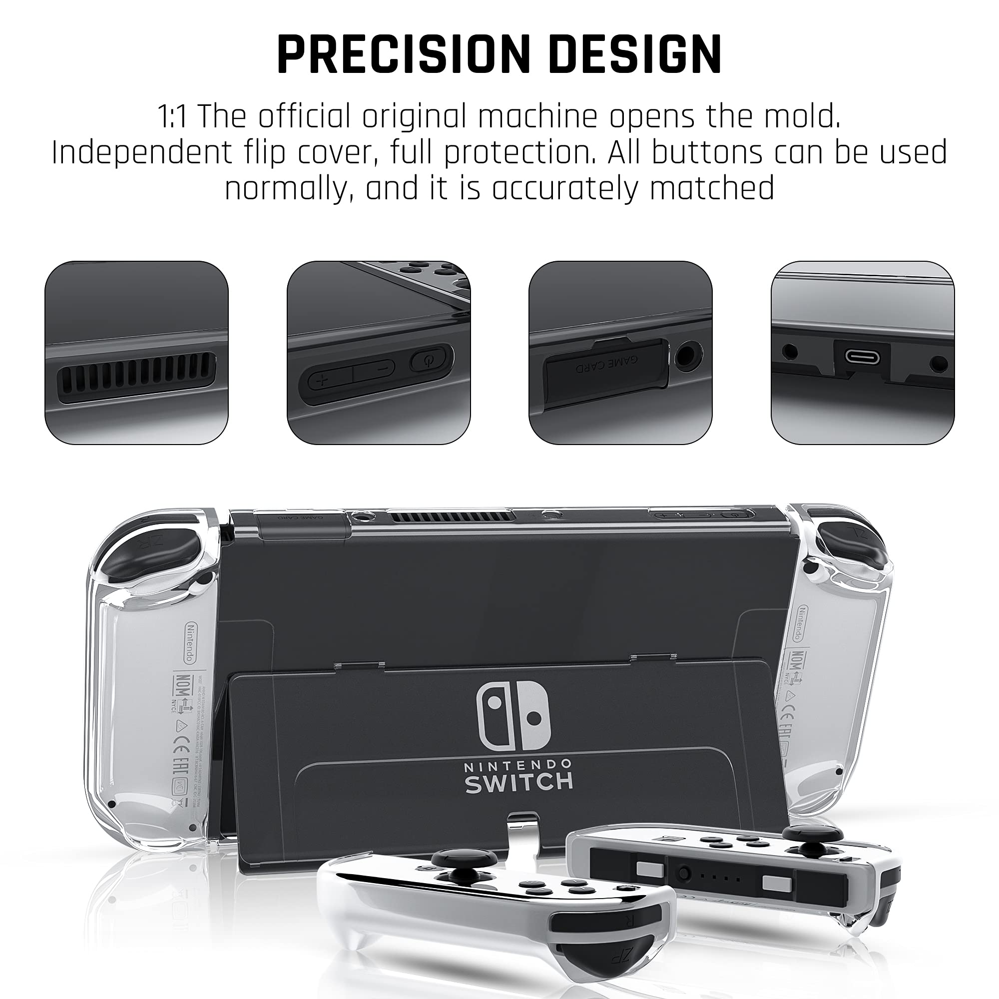 Protective Case for Nintendo Switch OLED Model 2021, FANPL Dockable Case Cover with Flip Shell for Switch OLED, Crystal Case Accessories with 1 Screen Protector and 10 Thumb Grip Caps (Clear)