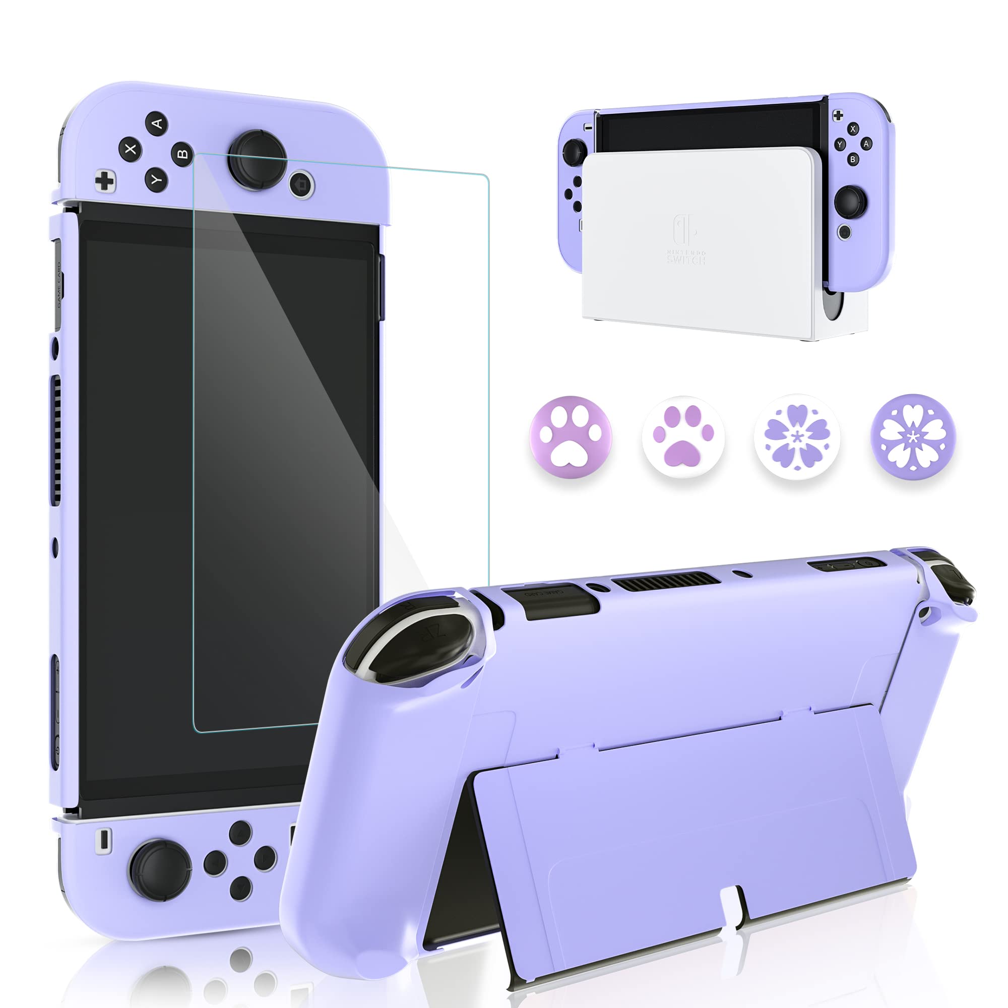 GLDRAM Case for Nintendo Switch OLED Model 2021 with Screen Protector and 4 PCS Thumb Caps, Protective Hard Cover for Switch OLED Console & JoyCon - Ultra-Slim & Flip Shell (Purple)