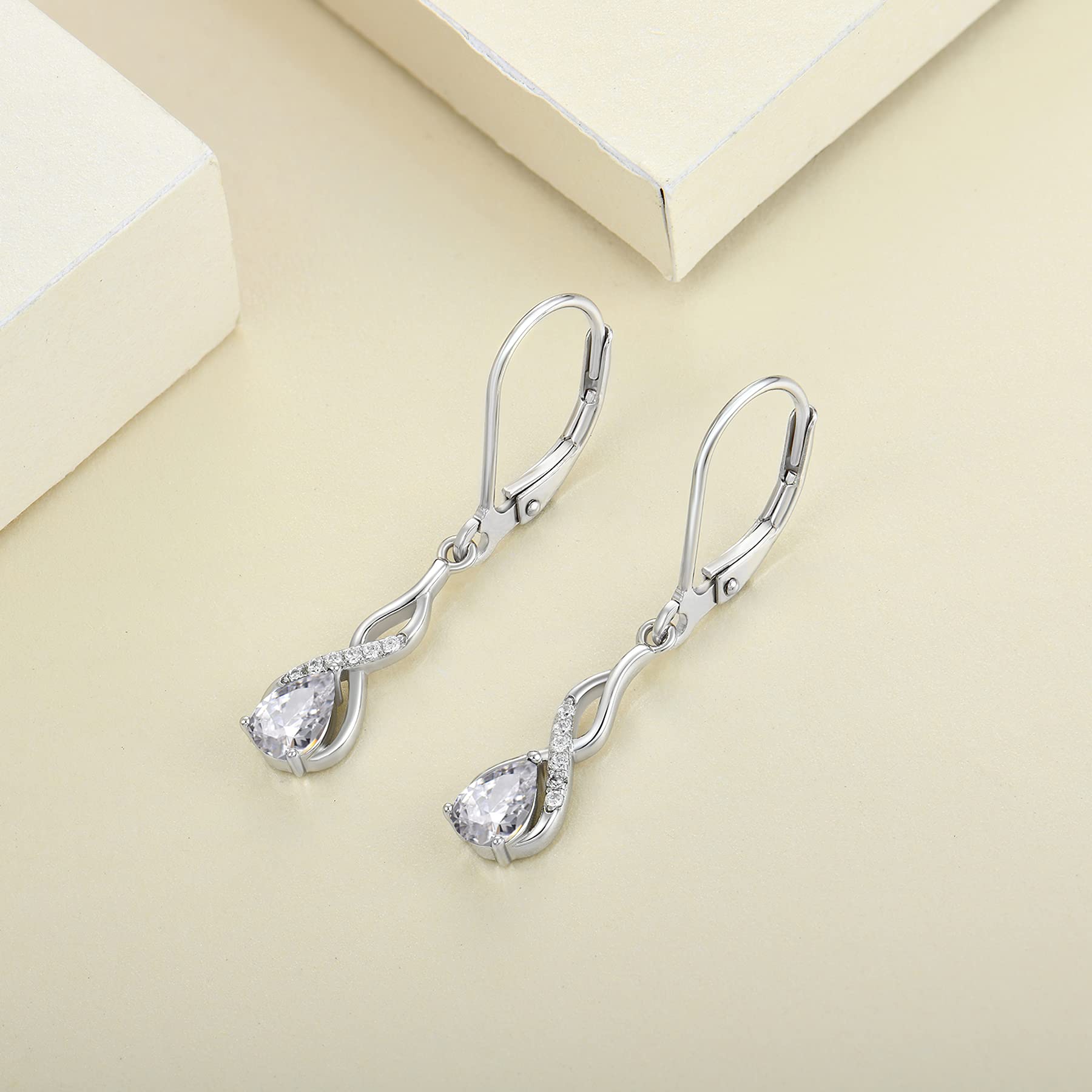 YL Infinity Dangle Drop Earrings Sterling Silver Leverback Teardrop Earrings Cubic Zirconia Twisted Jewelry