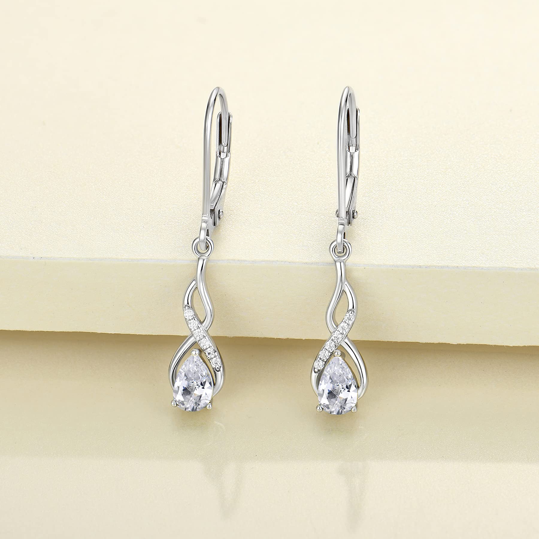 YL Infinity Dangle Drop Earrings Sterling Silver Leverback Teardrop Earrings Cubic Zirconia Twisted Jewelry