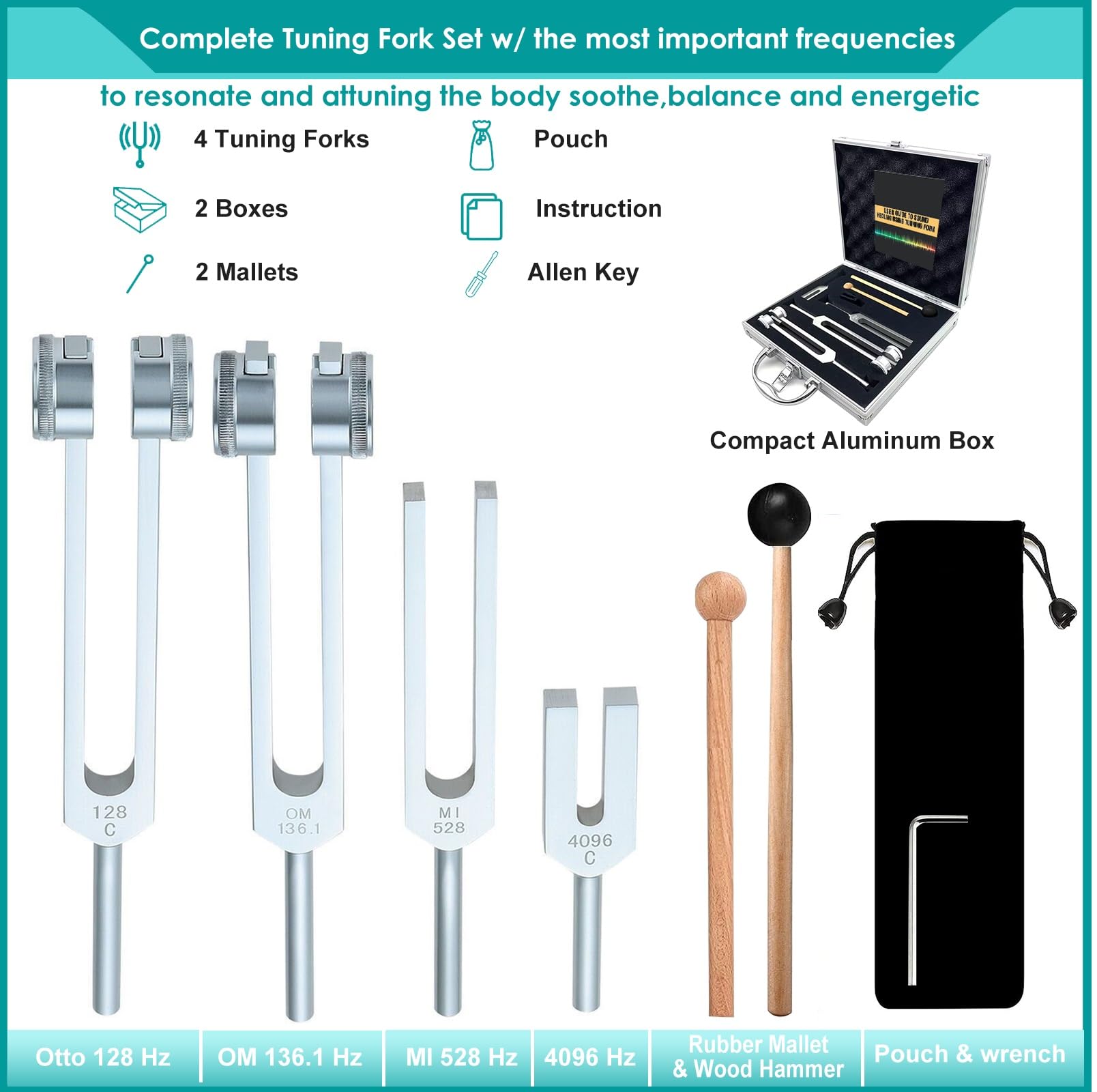 4Pcs Tuning Fork Medical Sound Healing Set(128Hz, OM 136.1Hz, MI 528Hz, 4096Hz), Tuning Fork Chakra Solfeggio Meditation Biofield Heart Aluminum Weighted Otto Body Tuner Angel Activator Hammer Mallet