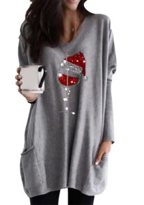 yming ladies xmas printed sweatshirt dress christmas long sleeve shirts tops with pockets wine glass light grey xl