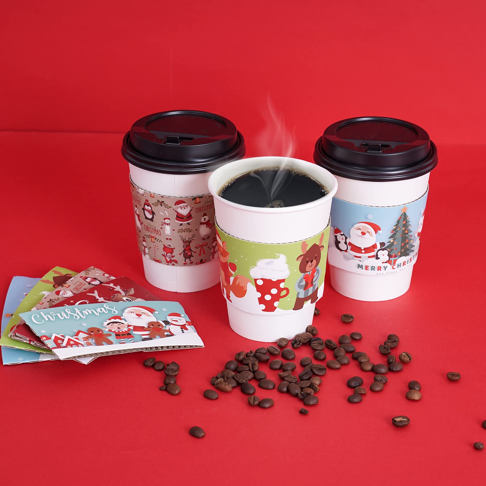 Smarimple Christmas Coffee Cup Sleeves 40 Count Hot Chocolate Cocoa Paper Cup Sleeves, Double-Layer Protective Heat Cold Drinks Insulated for Tea Cold Beverage Fits 12 oz to 20 oz Cups, 5 Designs