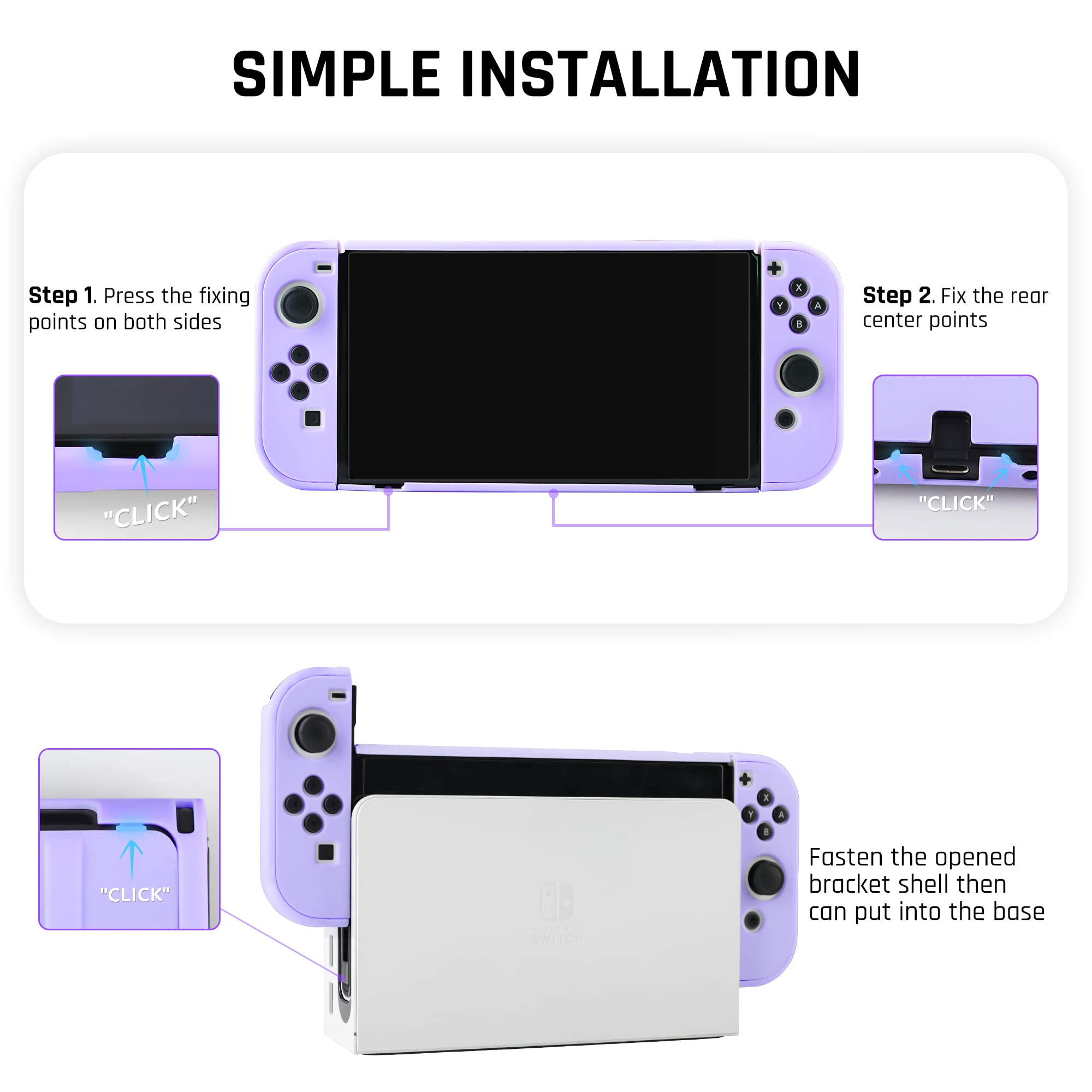 FUNDIARY Dockable Purple Case for Nintendo Switch OLED Model 2021 Skin, Accessories Cover for Switch OLED Console & Joycon with Screen Protector and 4 Thumb Grip Caps - Full Protection by Flip Shell