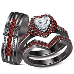 reyansh fashion created heart & round cut red garnet & diamond in 925 sterling silver 14k black gold over diamond wedding engagement trio ring band set for him & her