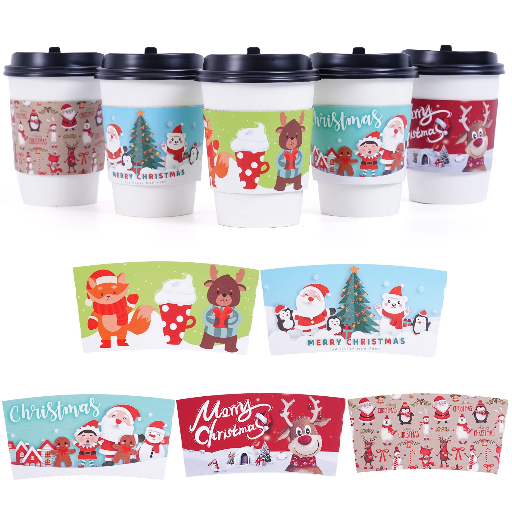 Smarimple Christmas Coffee Cup Sleeves 40 Count Hot Chocolate Cocoa Paper Cup Sleeves, Double-Layer Protective Heat Cold Drinks Insulated for Tea Cold Beverage Fits 12 oz to 20 oz Cups, 5 Designs