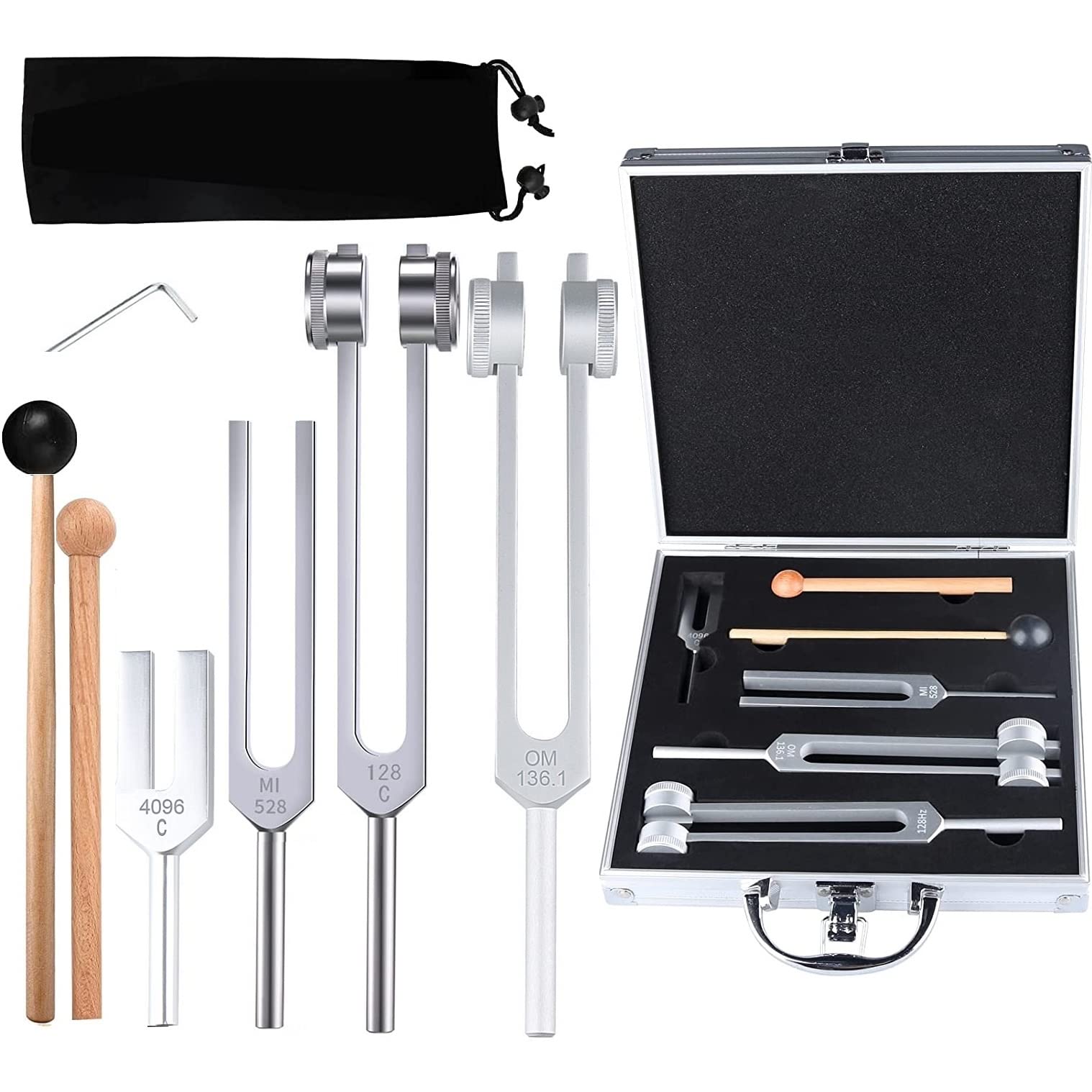 4Pcs Tuning Fork Medical Sound Healing Set(128Hz, OM 136.1Hz, MI 528Hz, 4096Hz), Tuning Fork Chakra Solfeggio Meditation Biofield Heart Aluminum Weighted Otto Body Tuner Angel Activator Hammer Mallet