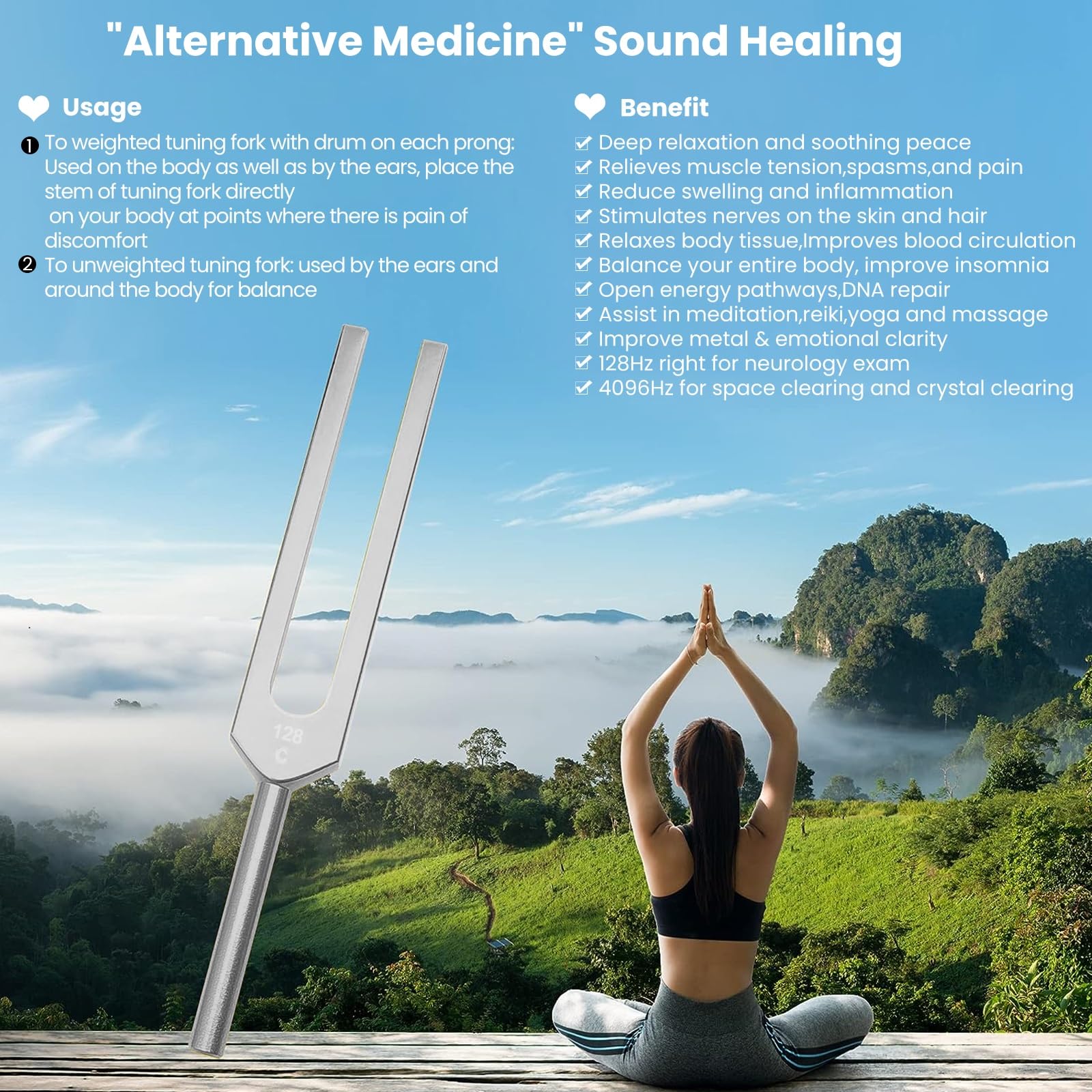 4Pcs Tuning Fork Medical Sound Healing Set(128Hz, OM 136.1Hz, MI 528Hz, 4096Hz), Tuning Fork Chakra Solfeggio Meditation Biofield Heart Aluminum Weighted Otto Body Tuner Angel Activator Hammer Mallet