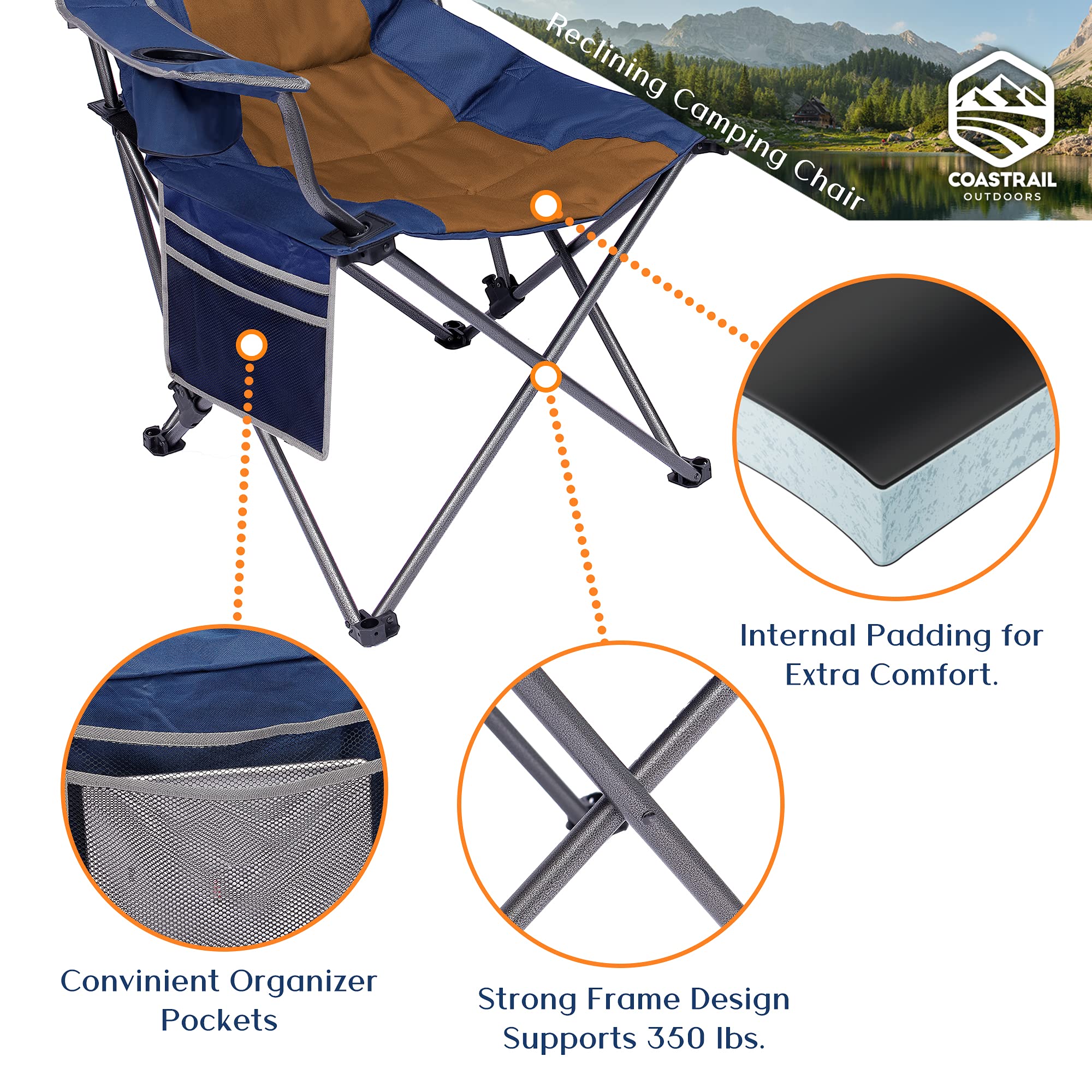 Coastrail Outdoor Reclining Camping Chair 3 Position Folding Lawn Chair for Adults Padded Comfort Camp Chair with Cup Holders, Head Bag and Side Pockets, Supports 350lbs, Blue&Brown