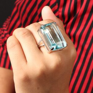 GEMHUB 93 Ct. Emerald Cut Big Size Blue Aquamarine Ring, Party Wear Ring, 925 Sterling Silver Ring