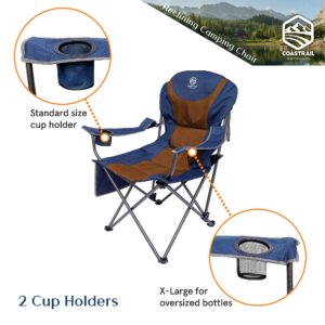 Coastrail Outdoor Reclining Camping Chair 3 Position Folding Lawn Chair for Adults Padded Comfort Camp Chair with Cup Holders, Head Bag and Side Pockets, Supports 350lbs, Blue&Brown