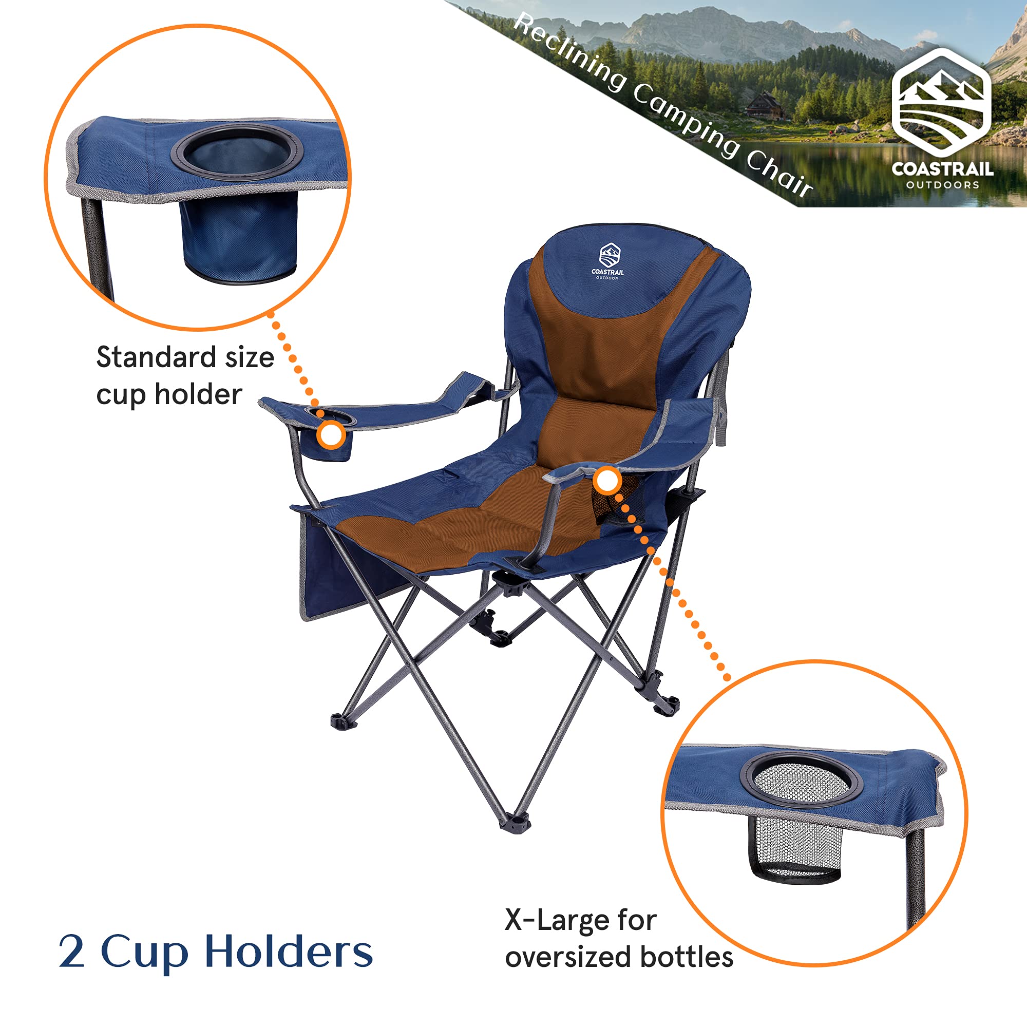 Coastrail Outdoor Reclining Camping Chair 3 Position Folding Lawn Chair for Adults Padded Comfort Camp Chair with Cup Holders, Head Bag and Side Pockets, Supports 350lbs, Blue&Brown