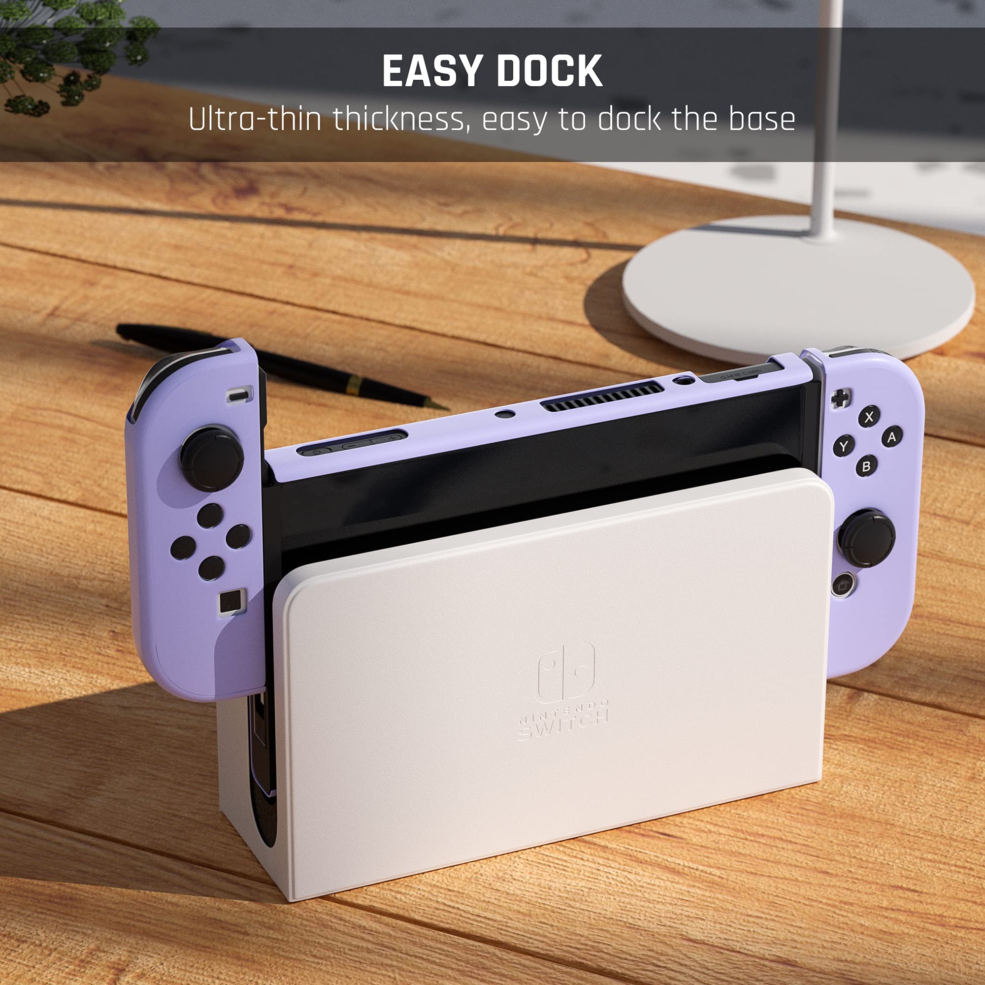 FUNDIARY Dockable Purple Case for Nintendo Switch OLED Model 2021 Skin, Accessories Cover for Switch OLED Console & Joycon with Screen Protector and 4 Thumb Grip Caps - Full Protection by Flip Shell