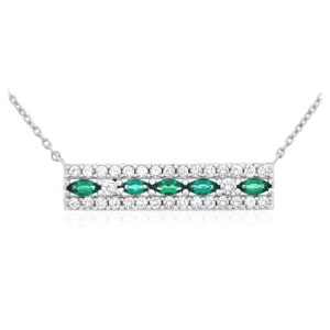 .925 Sterling Silver Marquise Cut Green Lab Grown Emerald and Lab Grown White Sapphire Three Row Horizontal Bar Necklace - 18"