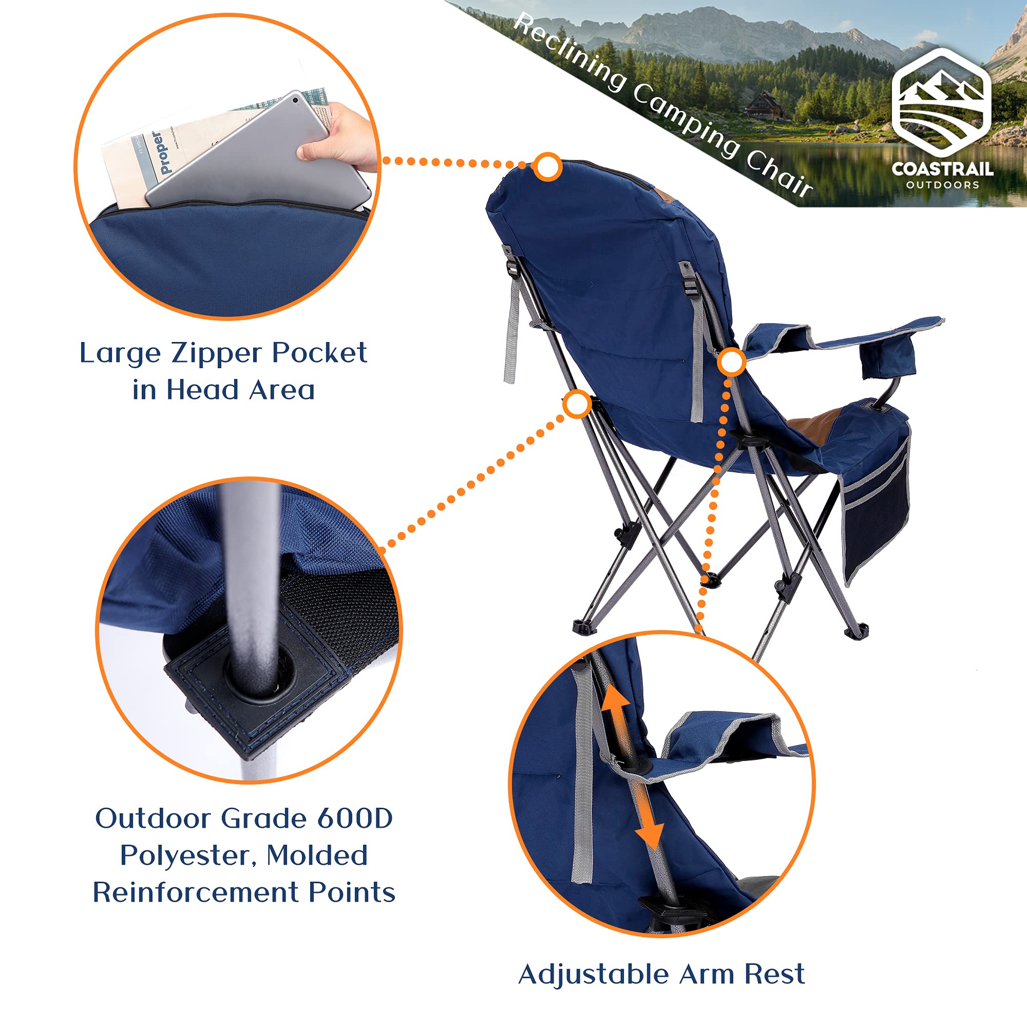 Coastrail Outdoor Reclining Camping Chair 3 Position Folding Lawn Chair for Adults Padded Comfort Camp Chair with Cup Holders, Head Bag and Side Pockets, Supports 350lbs, Blue&Brown