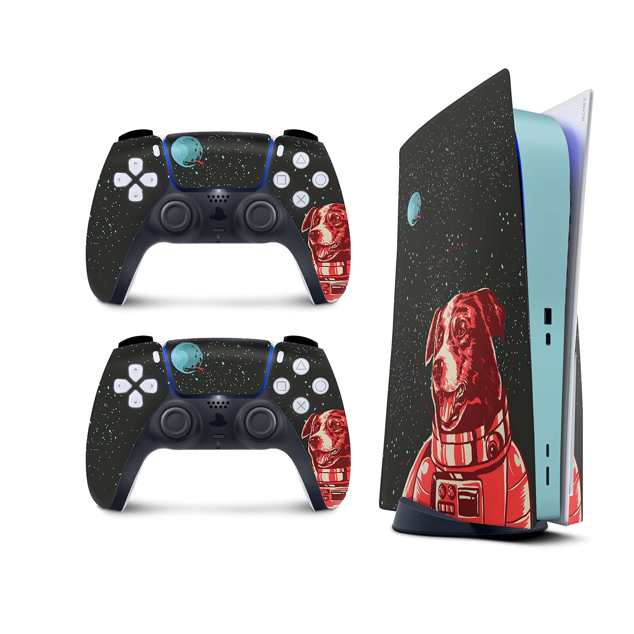 TACKY DESIGN Space dog Skin for PlayStation 5 Console and 2 Controllers, PS5 Kawaii skin Vinyl 3M Decal Stickers Full wrap Cover (Disc Version)