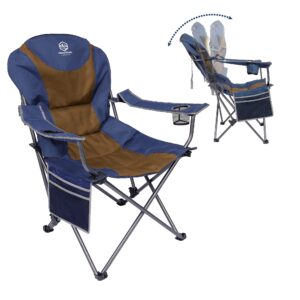 Coastrail Outdoor Reclining Camping Chair 3 Position Folding Lawn Chair for Adults Padded Comfort Camp Chair with Cup Holders, Head Bag and Side Pockets, Supports 350lbs, Blue&Brown