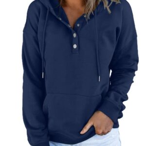 Dokotoo Womens Sweatshirt Ladies Fall Tops Drawstring Hoodies Sweatshirts for Women Long Sleeve Hooded Pullover with Pockets Button Collar Fleece Casual Basic Simple Winter Shirts Tops Blue XL