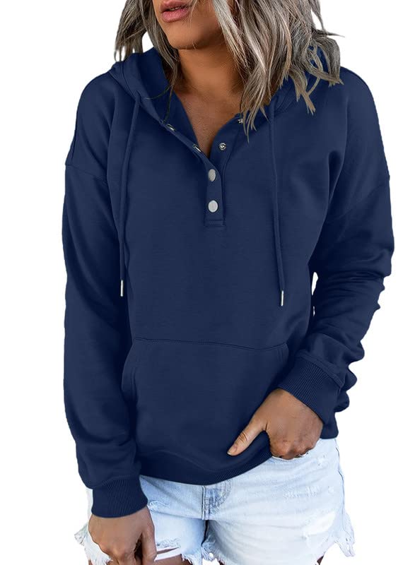 Dokotoo Womens Sweatshirt Ladies Fall Tops Drawstring Hoodies Sweatshirts for Women Long Sleeve Hooded Pullover with Pockets Button Collar Fleece Casual Basic Simple Winter Shirts Tops Blue XL