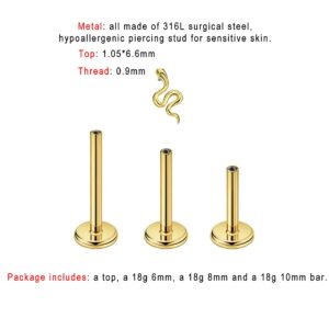 FANSING Tragus Piercing Jewelry Surgical Steel Earrings Gold Cartilage Stud Conch Helix Earrings Stud for Women Snake End with 18g 6mm 8mm 10mm Internally Threaded Post