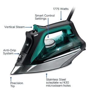 Rowenta, Iron, Pro Master Stainless Steel Soleplate Steam Iron for Clothes, 210 g/min, 400 Microsteam Holes, 1775 Watts, Auto-Off, Ironing, Green Clothes Iron, DW8360