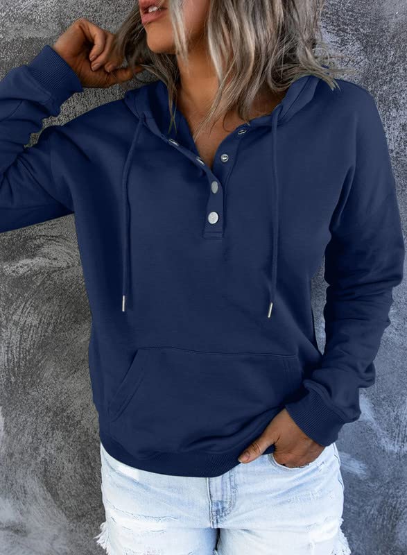 Dokotoo Womens Sweatshirt Ladies Fall Tops Drawstring Hoodies Sweatshirts for Women Long Sleeve Hooded Pullover with Pockets Button Collar Fleece Casual Basic Simple Winter Shirts Tops Blue XL