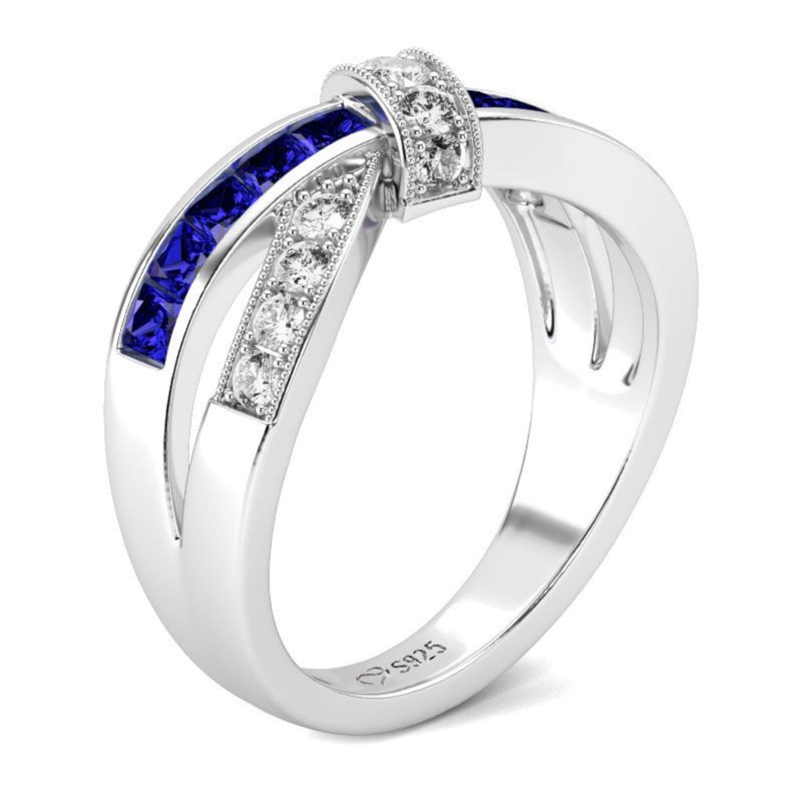 Jeulia Crossover Sterling Silver Women's Band Fashion Anniversary Promise Engagement Ring for Women With Gift Jewelry Box (9.5) (Blue & White, 10.5)