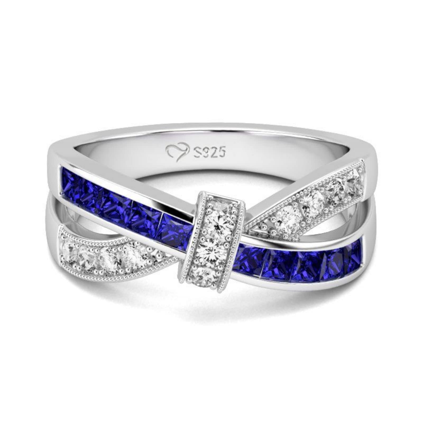 Jeulia Crossover Sterling Silver Women's Band Fashion Anniversary Promise Engagement Ring for Women With Gift Jewelry Box (9.5) (Blue & White, 10.5)