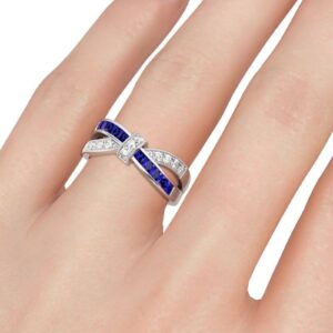 Jeulia Crossover Sterling Silver Women's Band Fashion Anniversary Promise Engagement Ring for Women With Gift Jewelry Box (9.5) (Blue & White, 10.5)