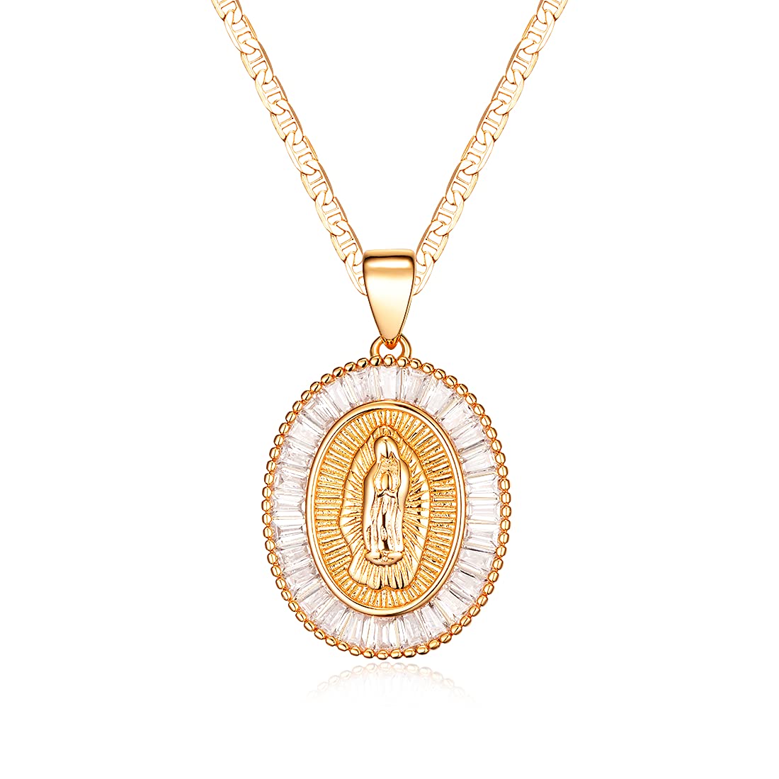 Barzel 18K Gold Plated Flat Mariner/Marina 060 3MM Chain Necklace With Cubic Zirconia Virgin Mary Guadalupe Charm Pendant (18)