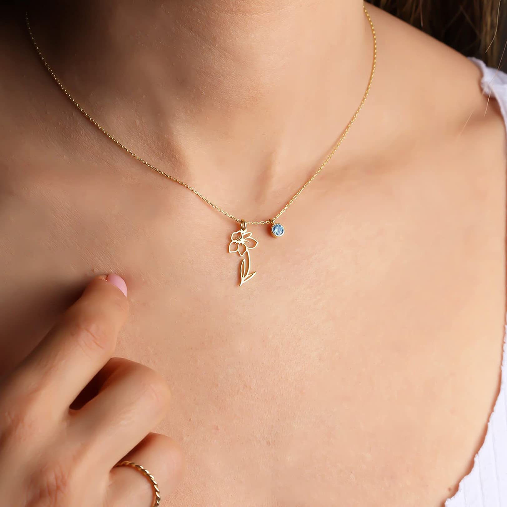 Nupdot March Birth Flower Necklaces Birthday Gifts for Women| 14K Gold Plated Birth Month Floral Daffodil Pendant Birthstone Necklace Jewelry Gifts for Mom Friends