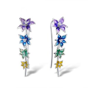 Santuzza Enamel Colorful Flower Ear Cuffs Climber Earrings 925 Sterling Silver Orchid Ear Crawler Earrings for Women