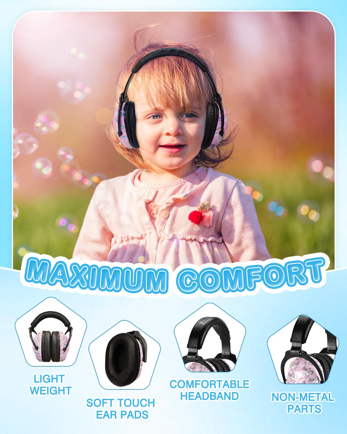 ZOHAN Kids Ear Protection 2 Pack, Hearing Protection Safety Ear Muffs for Children Have Sensory Issues, Adjustable Noise Reduction Earmuffs for Concerts, Fireworks, Air Shows(Rap&Unicorn)