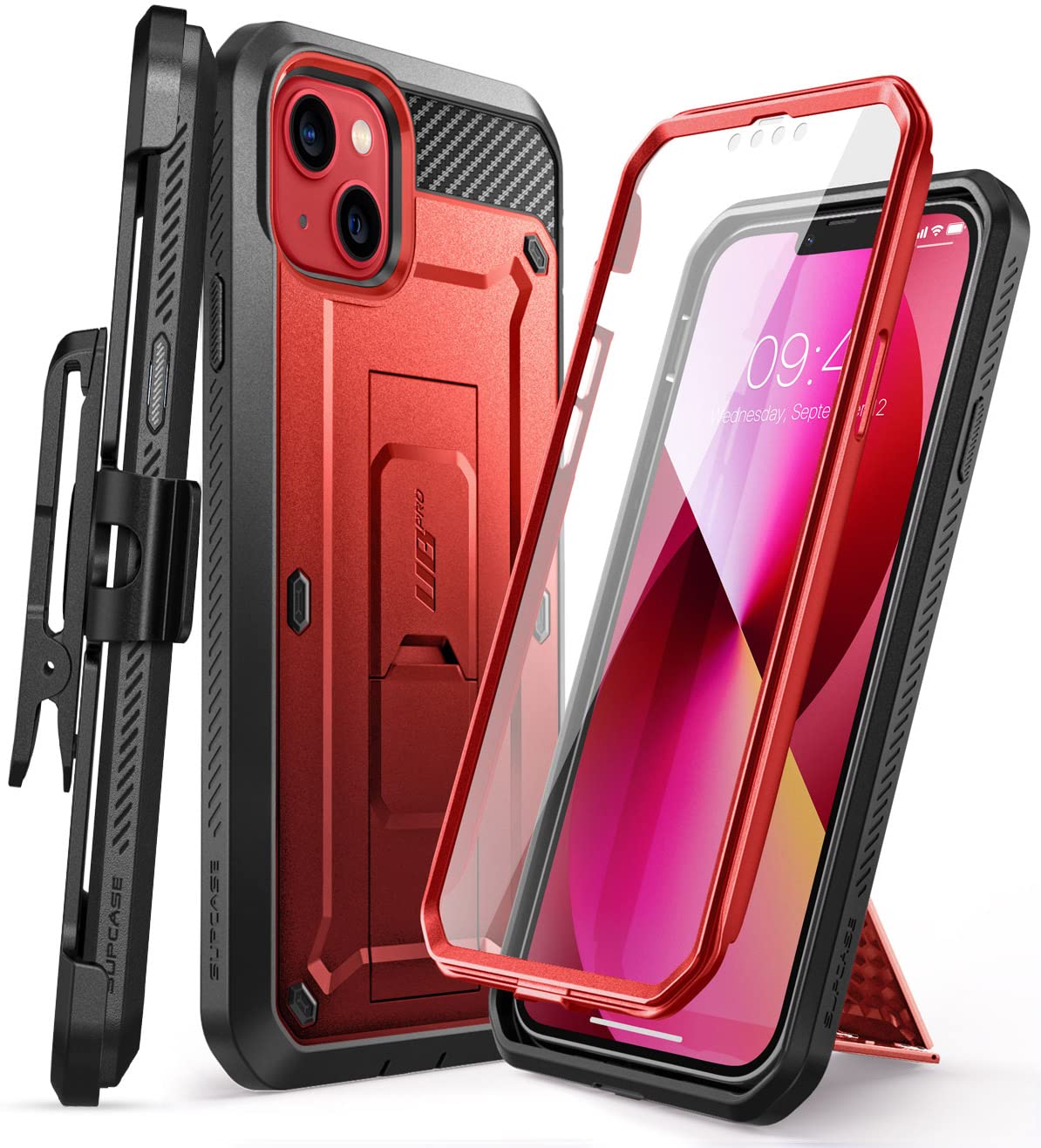 SUPCASE for iPhone 13 Case with Stand & Belt-Clip (Unicorn Beetle Pro), [Built-in Screen Protector] [Military-Grade Drop Protection] Heavy Duty Rugged Kickstand Phone Case for iPhone 13, Ruddy