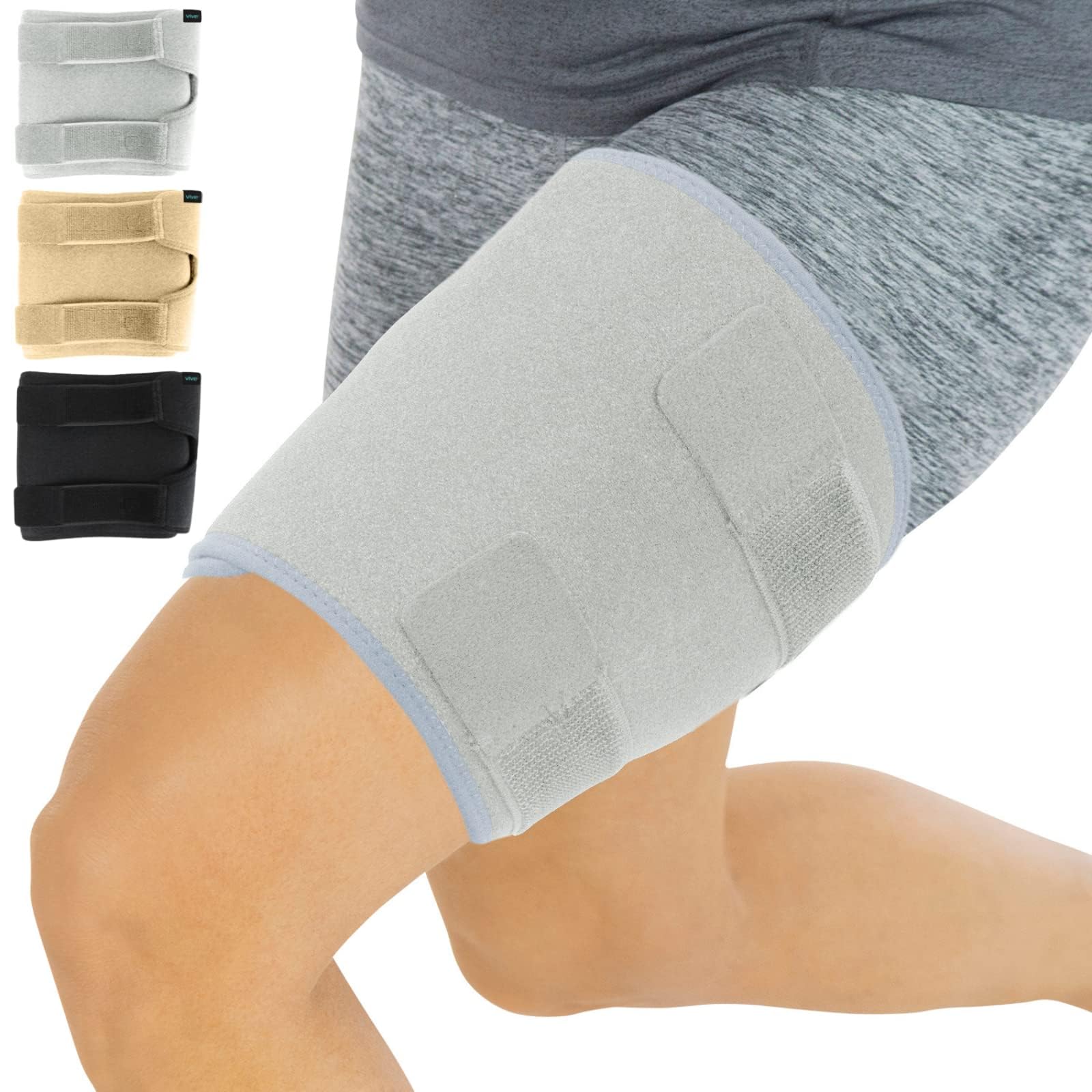 Vive Thigh Brace - Hamstring Quad Wrap - Adjustable Compression Sleeve Support for Pulled Groin Muscle, Sprains, Quadricep, Tendinitis, Workouts, Sciatica Pain and Sports Recovery - Men, Women (Grey)