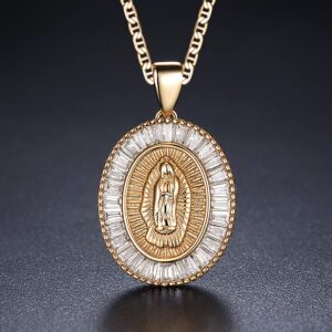 Barzel 18K Gold Plated Flat Mariner/Marina 060 3MM Chain Necklace With Cubic Zirconia Virgin Mary Guadalupe Charm Pendant (18)